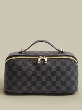 Checkerboard Top Handle Cosmetic Case Toiletry Bag - Charcoal Gray Black
